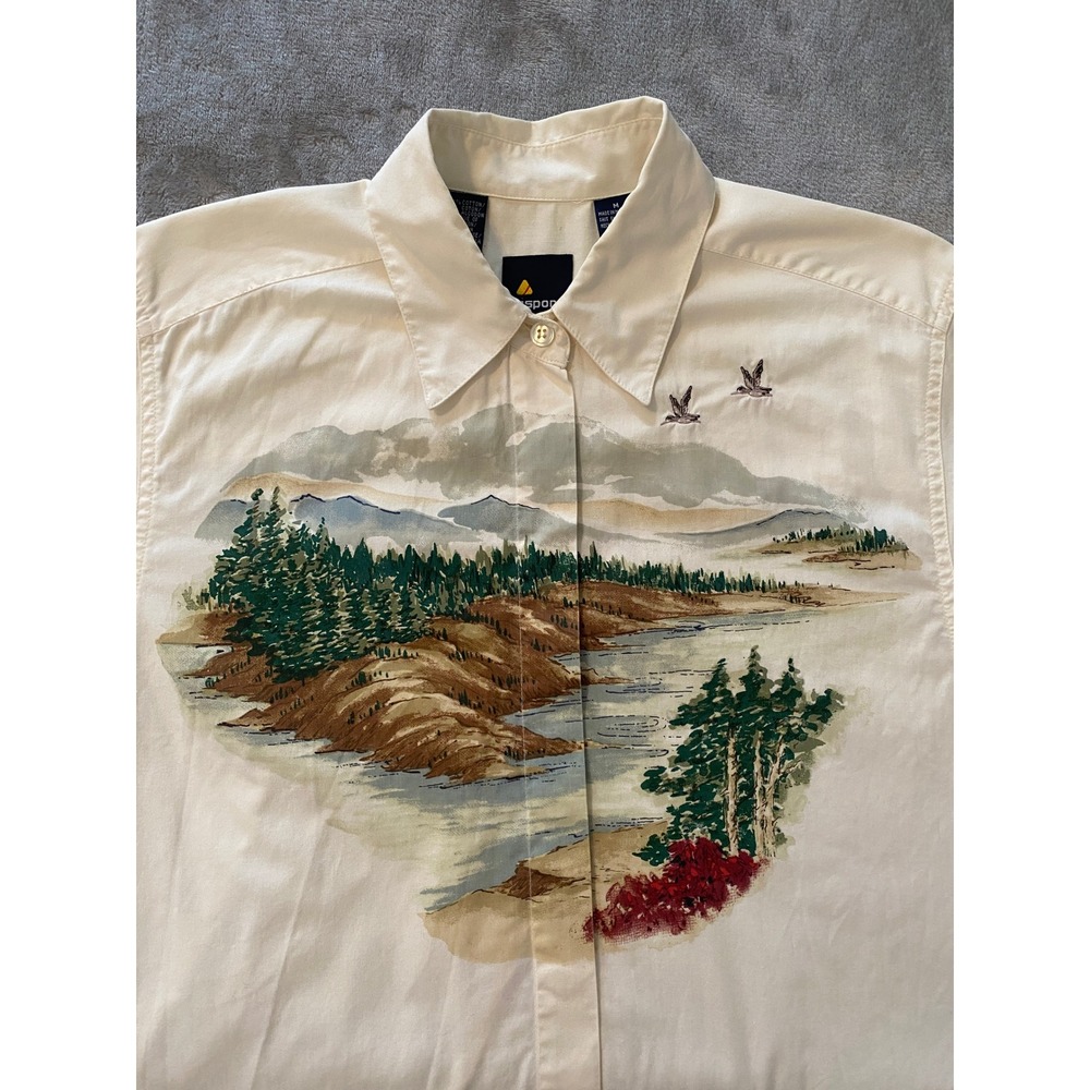 Lizsport Button Up Shirt Sz M Cream Nature Scene Embroidered Ducks VTG Cabincore